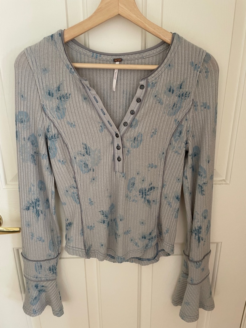 Free People Light Gray Ribbed Henley with Blue Floral Print